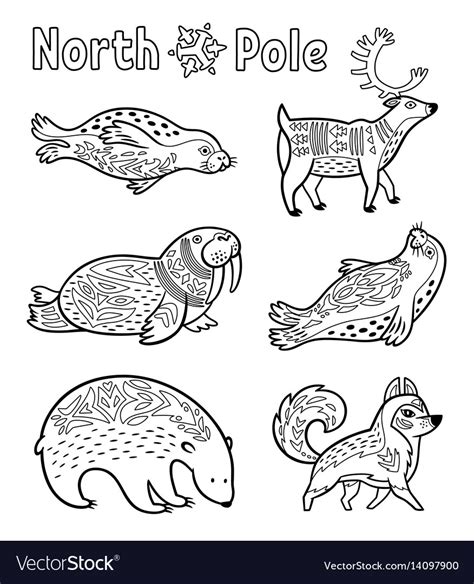 Outline Arctic Animals Set For Coloring Page Vector Image