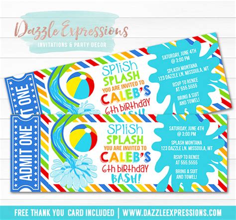 Pool Party Ticket Invitation 12 Free Thank You Card