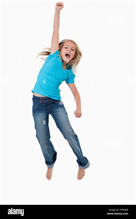 Portrait Of A Cheerful Girl Jumping Stock Photo Alamy