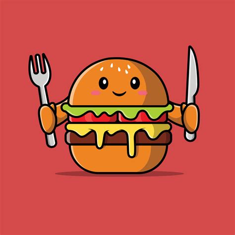 Cute Burger Holding Knife And Fork Cartoon Vector Icon Illustration