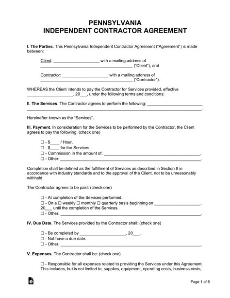 Free Pennsylvania Independent Contractor Agreement Pdf Word Eforms