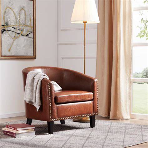 Leather Barrel Chair For Living Room With Nailhead Accents Interior