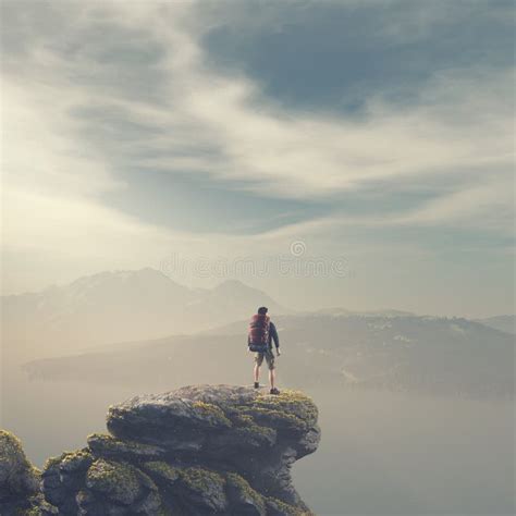 Hiker With Backpack Standing On Top Of A Mountain Stock Illustration