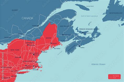 New England Regio Gedetailleerde Bewerkbare Kaart Met Steden En Dorpen