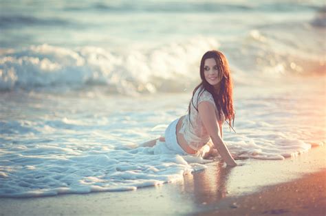 Wallpaper Sunlight Women Model Sunset Sea Shore Sand