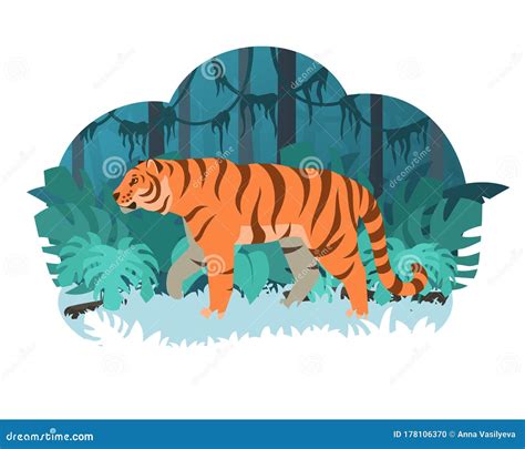 Cartoon Tiger Walking In A Jungle Stock Vector Illustration