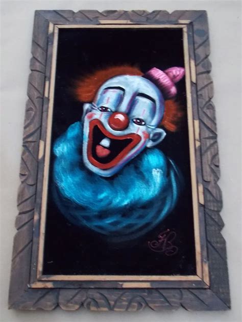 Vtg Carved Wood Framed Hand Painted Clown On Black Velvet Painting