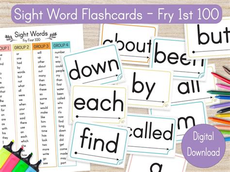 Fry Sight Words Flashcards Fry 100 Printable Sight Word 3 Etsy
