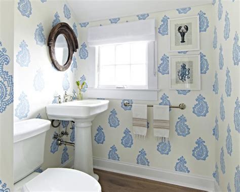 Coastal Powder Room With Ivory And Blue Paisley Wallpaper Hgtv