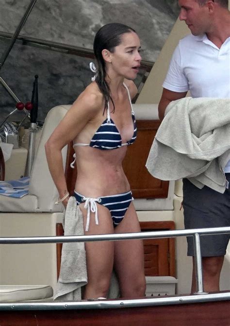 Emilia Clarke In A Striped Bikini On The Boat In Positano Italy
