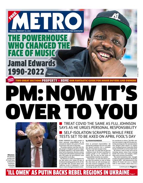 Metro Front Page 22nd Of February 2022 Tomorrows Papers Today