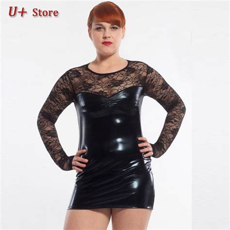 5xl Plus Size Women Sexy Dresses Ladies Lace Leather Patchwork Night