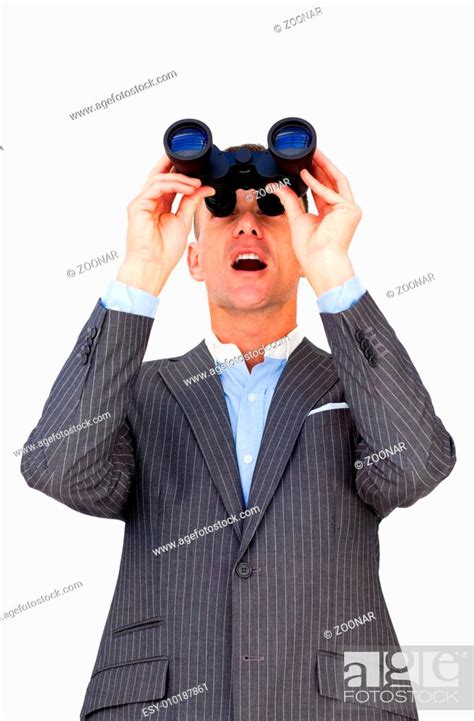 Surprised Businessman Looking Through Binoculars Stock Photo Picture