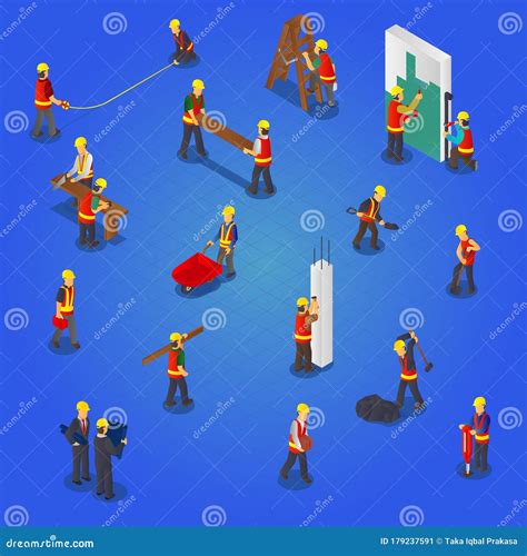 Isometric Builders Construction Workers Collection Set Stock Vector