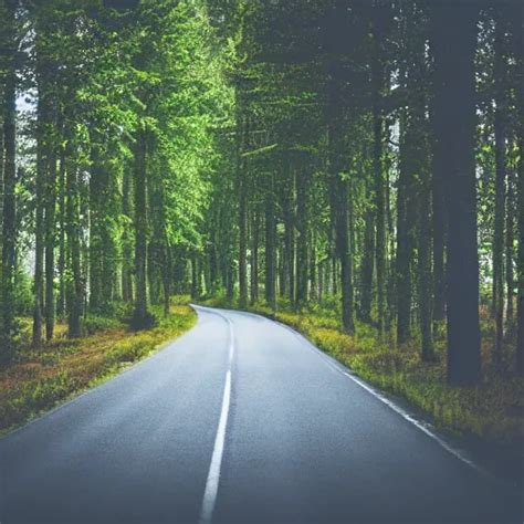 Realistic Lonely Road In The Middle Of The Forest Stable Diffusion