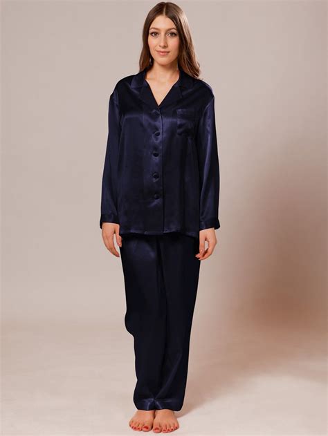 Navy Silk Pajama Set For Women In 2020 Silk Pajamas Silk Pajama Set
