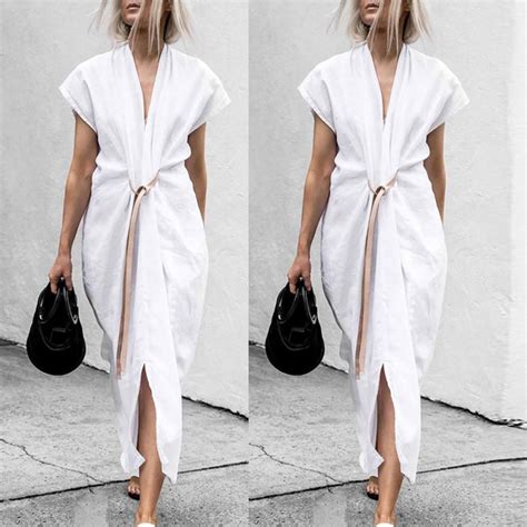 Women White Summer Dress Formal Full Length Short Sleeve V Neck Belted