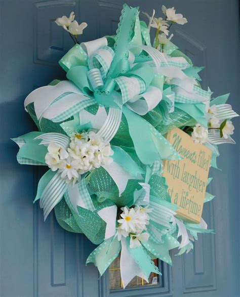 Mint Greenturquoise Deco Mesh Wreath With Wooden Sign Etsy