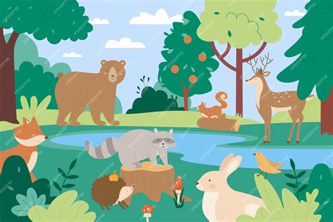 Premium Vector Animals In Summer Forest Wild Nature Scenery Background