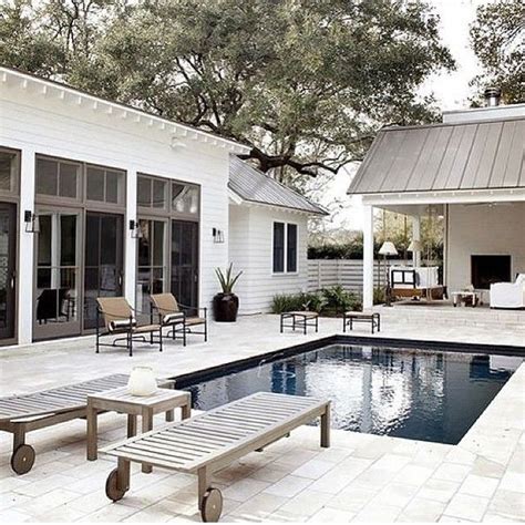 A Backyard With A Pool And Patio Furniture