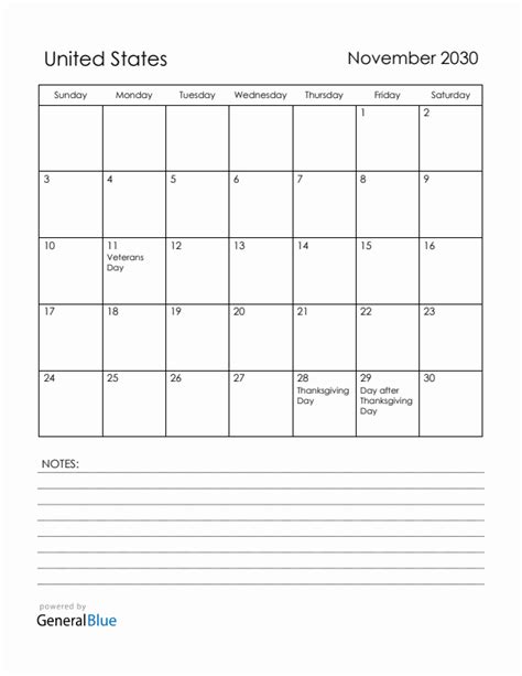 November 2030 Monthly Calendar With United States Holidays