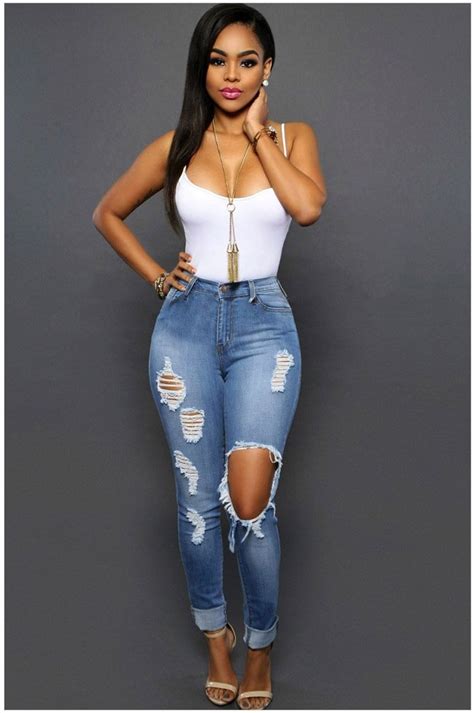 High Quality Light Blue Skinny Ripped Jeans For Women - Online Store ...