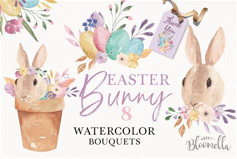 Easter Bunny Watercolor Egg Floral Pastel 8 Bouquets Cute 193672