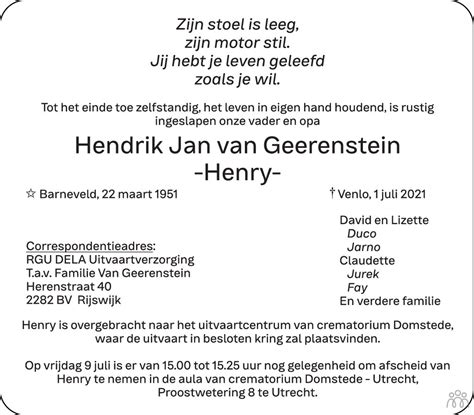Hendrik Jan Henny Van Geerenstein Overlijdensbericht En