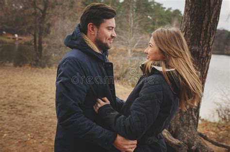 Loving Young Couple Happy Together Outdoor On Cozy Warm Walk In Autumn