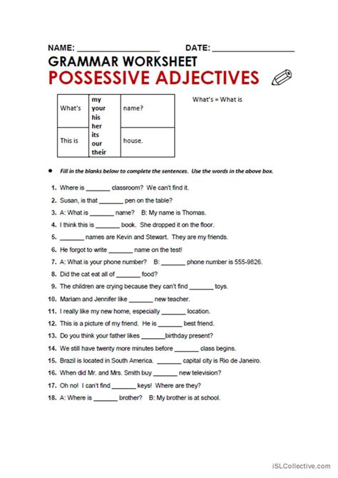 Possesive Adjectives English Esl Worksheets Pdf Doc