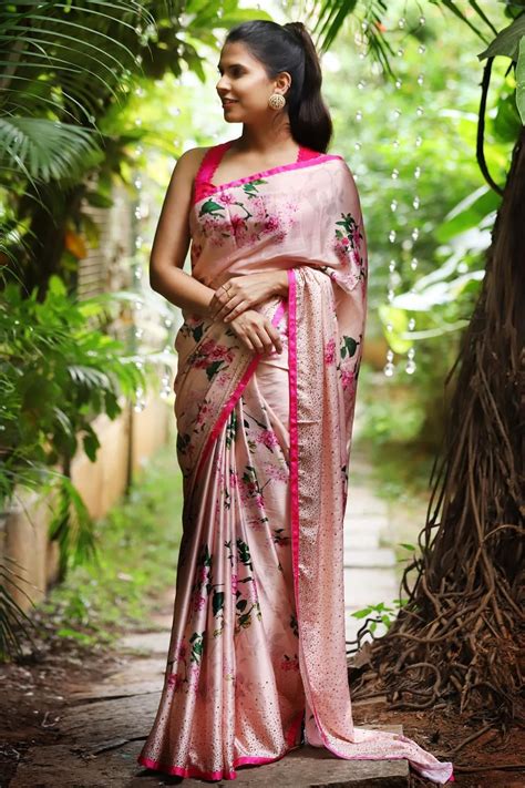 Attractive Pink Flower Printed Design Heavy Linen Cotton Saree In 2020 Satin Saree Saree