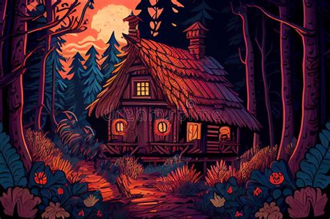 Fairytale Old Wooden House In A Forest Generative Ai Illustration