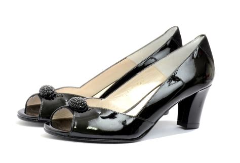 Womens Eye Peep Toe Mid Heel Patent Leather Court Shoes L 44 Black