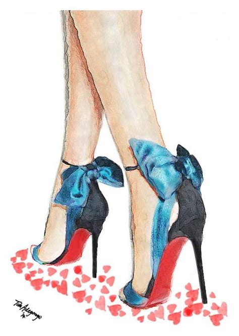 Louboutin Blue Bow High Heels Shoes Fine Art Giclee Print From Etsy