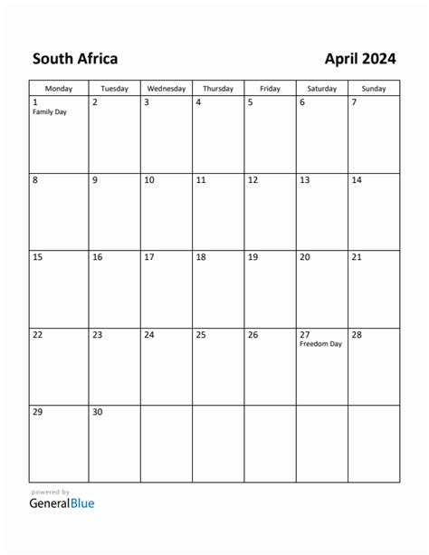 Free Printable April 2024 Calendar For South Africa