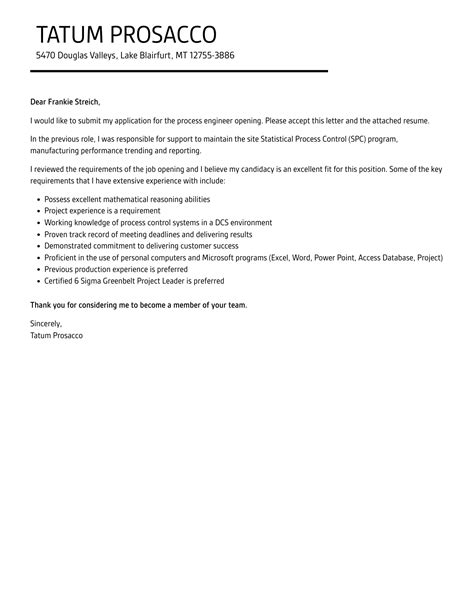 Process Engineer Cover Letter Velvet Jobs