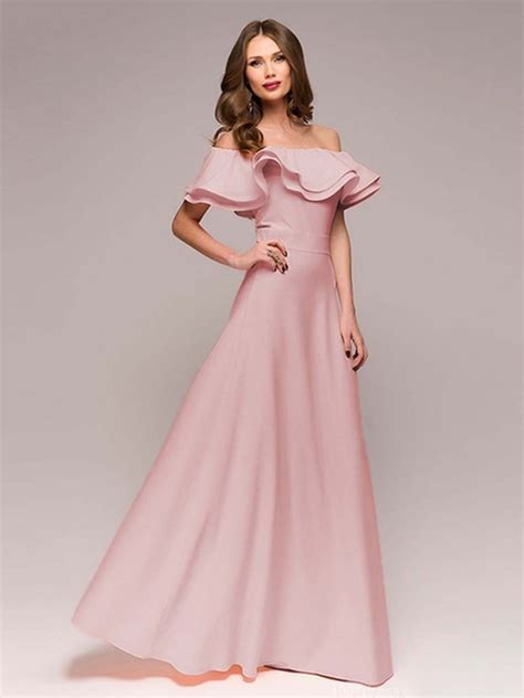 New Simple Pink Prom Dress A Line Off The Shoulder Petal Sleeves