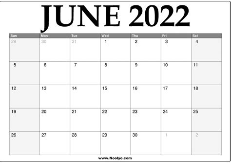 2022 June Calendar Printable Download Free Calendars