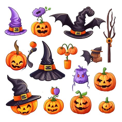 Set Of Happy Halloween Design Elements Cat Hat Fly Agaric Cauldron Of