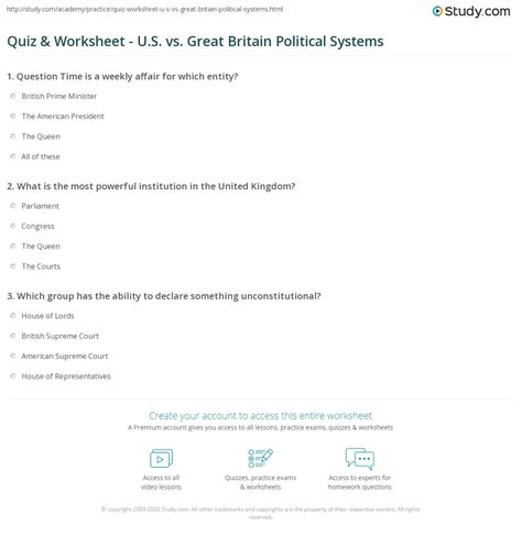 Quiz And Worksheet Us Vs Great Britain Political Systems