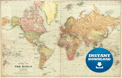 Digital Vintage Flair World Map Art Printable Download Map Vintage