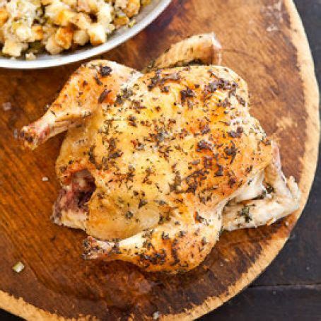 Chicken thighs, chicken gravy, stuffing mix. Skillet Roasted Chicken and Stuffing Recipe - (4.8/5)