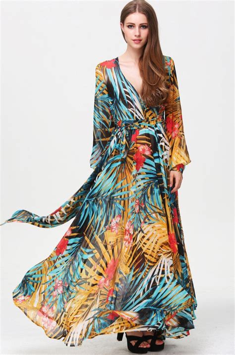 Posh Girl Tropical Floral Print Chiffon Maxi Dress Long Sleeve Floral