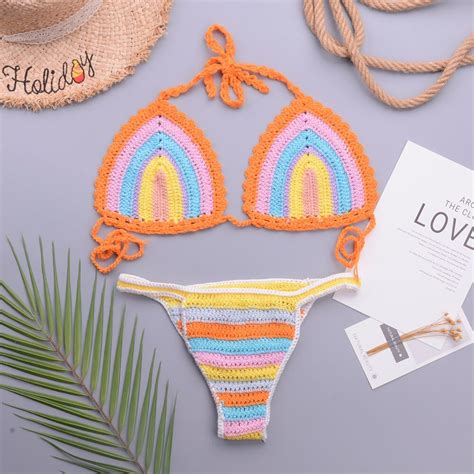 rainbow bikini set rainbow crochet bikini crochet swimwear crochet my xxx hot girl