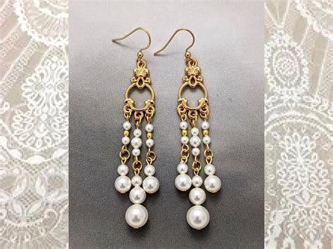 White Pearl Wedding Chandelier Earrings Gold Tone Made With Etsy