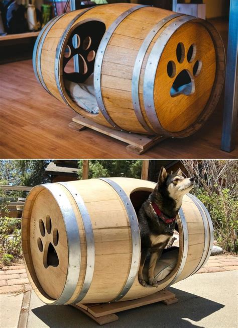 Repurposed Wine Barrel Dog House With Paw Windows In 2023 Barrel Dog