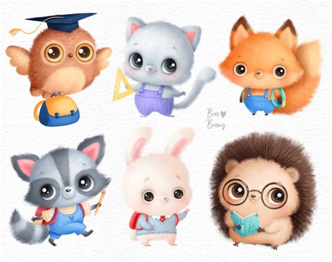 Cute Cartoon Back To School Animals Clipart Learning Clipart Etsy