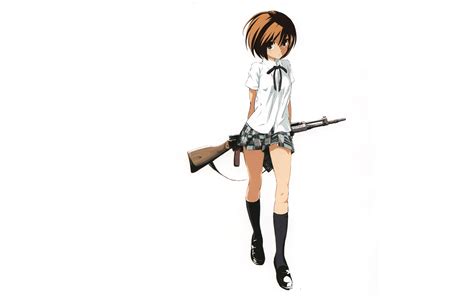 Machine Gun Guns Skirts Short Hair Girls With Guns Shirts Simple Background Anime Girls White