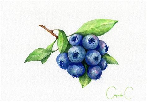 Blueberries Home Decor Green Leaves Watercolor Original Etsy