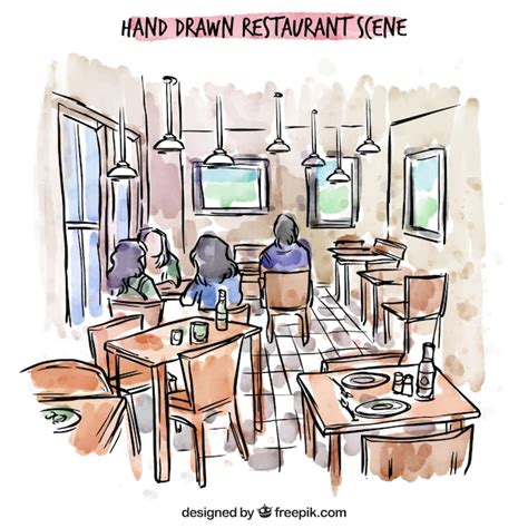 Escena De Restaurante Dibujada A Mano Gente En El Interior Vector Gratis